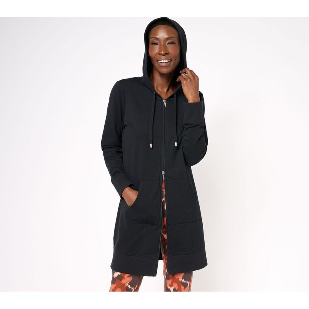 Denim & Co. Women's Petite Jacket P2XS Active French Terry Hooded Black